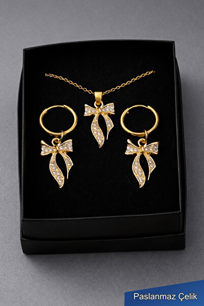 TREND COLLECTİON Zirkon Taşlı Fiyonk Tasarım Çelik Kolye Küpe Seti – Altın Re...