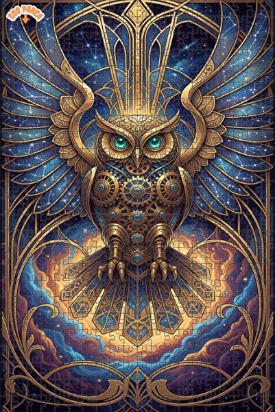 Esranın Dünyası Golden Mechanical Owl Patterned Double-Layer Framed Wooden Pu...