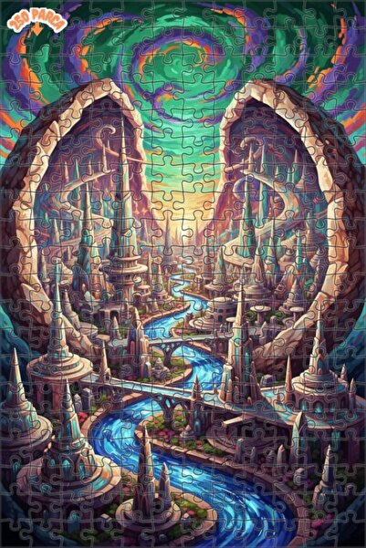 Esranın Dünyası Fantastic Cityscape Watercolor Look Double Layer Framed Woode...