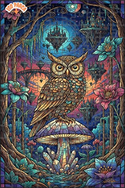 Esranın Dünyası Mysterious Forest Owl Oil Painting Look Double Layer Framed W...