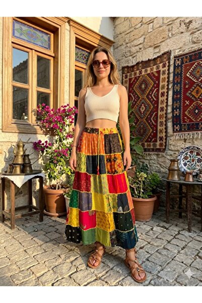 AYASOFYA OTANTIK Γυναικεία έθνικ φούστα Νεπάλ με ελαστική μέση και μήκος Patc...