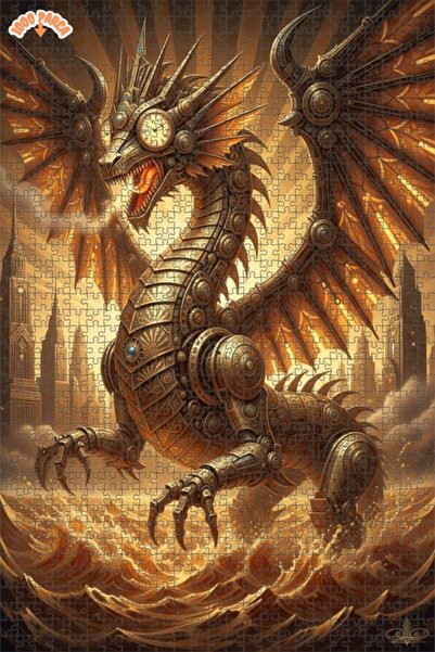 Esranın Dünyası Mechanical Dragon Art Oil Painting Look Double Layer Framed W...