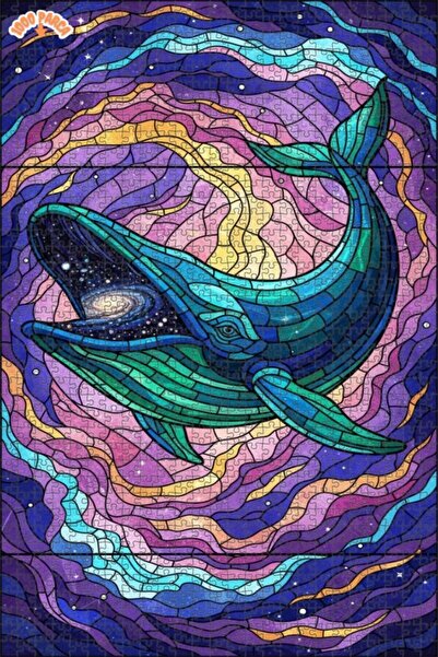 Esranın Dünyası Cosmic Whale Stained Glass Look Wooden Puzzle Double-Layer Fr...