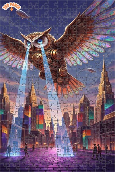 Esranın Dünyası Mechanical Owl Steampunk Cityscape Oily Double-Layer Framed W...