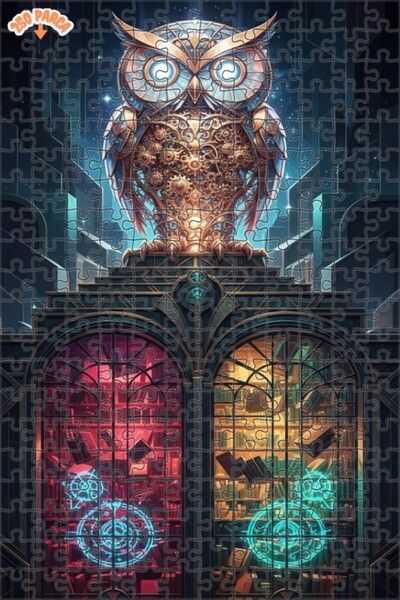 Esranın Dünyası Mechanical Owl Mysterious Library Oil Painting Double-Layer F...