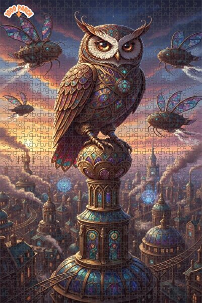 Esranın Dünyası Steampunk Owl Artwork Lookalike Double-Layer Framed Wooden Pu...