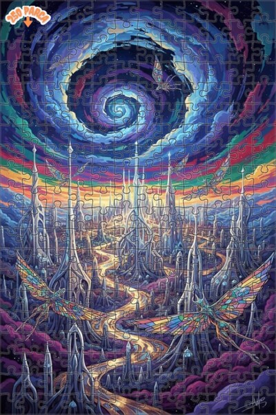 Esranın Dünyası Fantastic City Winged Creatures Oil Painting Double-Decker Fr...