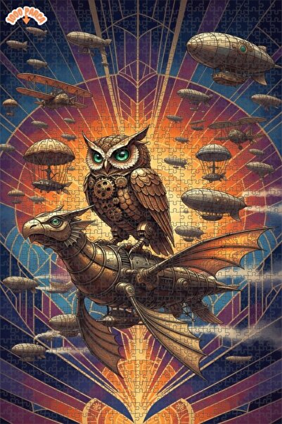 Esranın Dünyası Owl Dragon with Steam Clock Art Puzzle 1000 Pieces 70X50