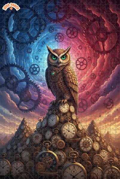 Esranın Dünyası Keeper of Time Owl Steampunk Oil Painting Double-Layer Framed...