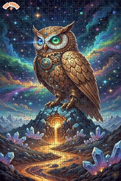 Esranın Dünyası Mysterious Space Owl Oil Painting Look Double Layer Framed Wo...