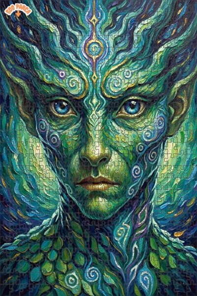 Esranın Dünyası Green-Faced Nature Spirit Oil Painting Lookalike Double-Layer...