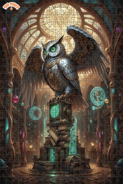 Esranın Dünyası Mechanical Owl Mysterious Library Oil Painting Double-Layer F...