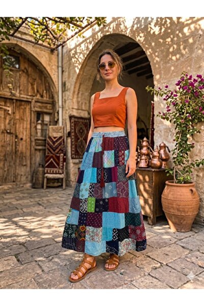 AYASOFYA OTANTIK Γυναικεία έθνικ φούστα Νεπάλ με ελαστική μέση και μήκος Patc...