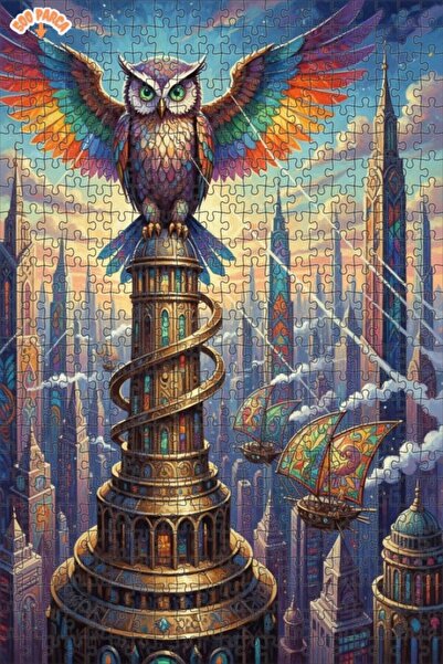 Esranın Dünyası Guardian of the Sky Colorful Owl Double-Layer Framed Wooden P...