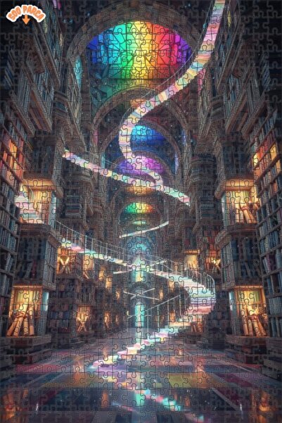 Esranın Dünyası Magical Library with Rainbow Ladder Oil Painting Double-Layer...