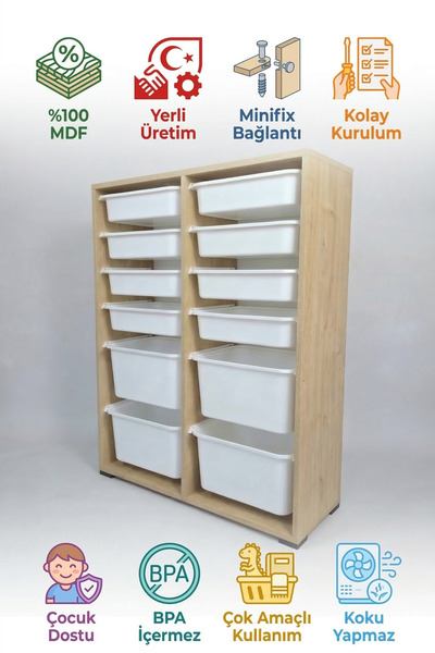 yabilmo %100 MDF Gövde Kolay Minifix Bağlantı 12 Çekmece Çok Amaçlı Oyuncak D...