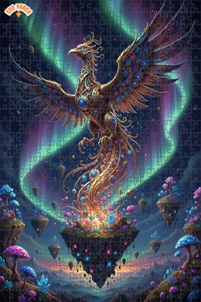 Esranın Dünyası Golden Feathered Phoenix Digital Art Double-Layer Framed Wood...