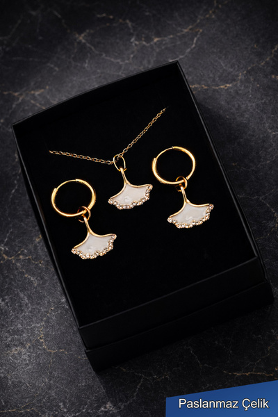 TREND COLLECTİON Minimal Yaprak Kolye ve Küpe Seti – Gold Çelik Kadın Takı Seti
