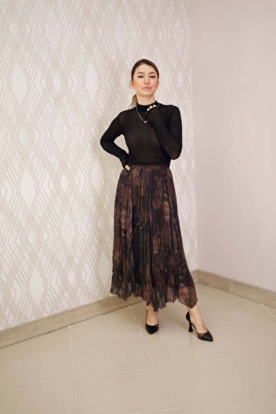 Elzem Boutique Kahve Desenli Piliseli Midi Etek