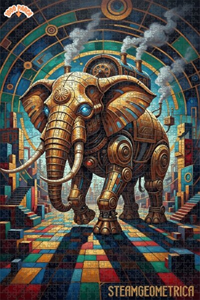 Esranın Dünyası Mechanical Elephant Statue Oil Painting Look Wooden Puzzle wi...