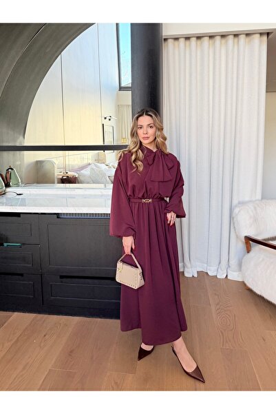 Miraydın Butik Women's Neck Tie-Detail Belt Piece Dress M91113 - Plum