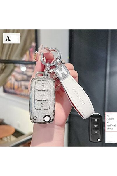 QGC Car key cover with 3 buttons, shiny design, stylish accessory, silver col...