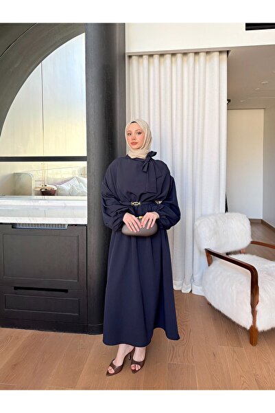 Miraydın Butik Women's Neck Tie-Detail Belt Piece Dress M91113 - Navy Blue