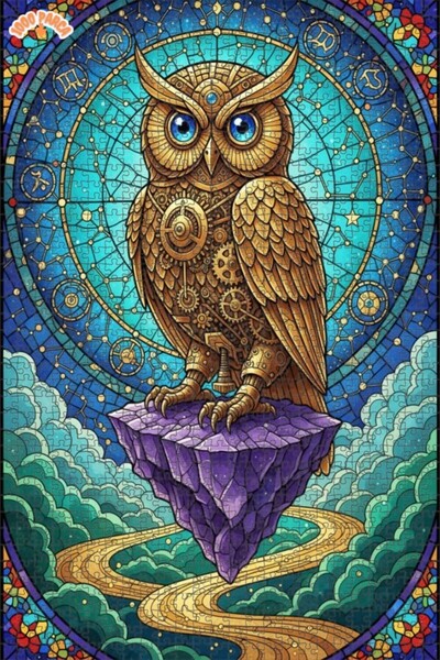 Esranın Dünyası Golden Mechanical Owl Steampunk Stained Glass Art Double-Laye...