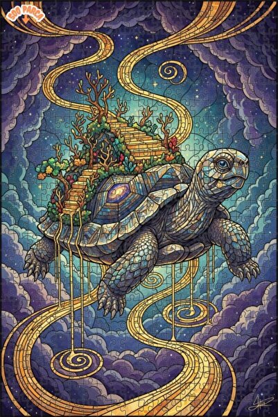 Esranın Dünyası Giant Turtle Carrying the Galaxy Stained Glass Look Wooden Pu...