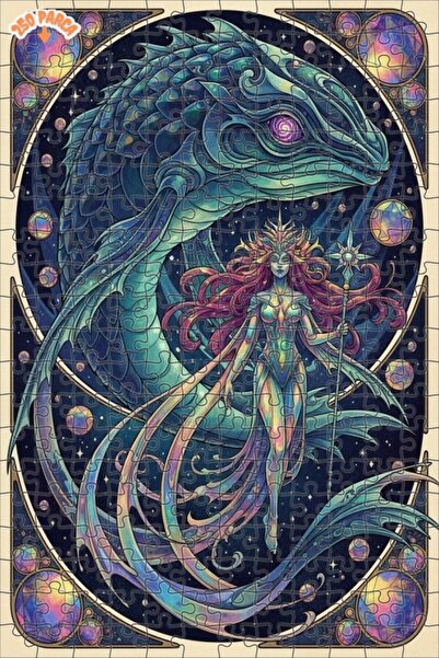 Esranın Dünyası Magical Mermaid and Dragon Art Print Oil on Double-Layer Fram...