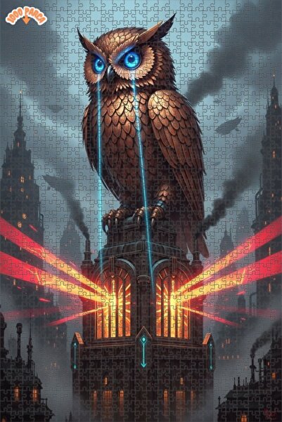 Esranın Dünyası Mystical Owl Steampunk City Radiant Double-Layer Framed Woode...