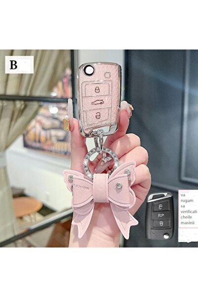 QGC Pale pink car key cover with shiny bow for 3-button key, 0195