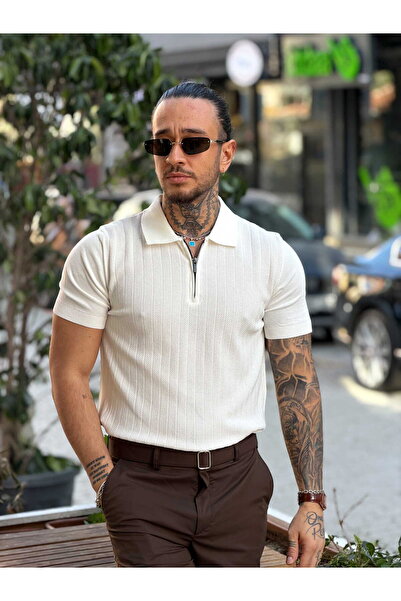 manch collection Guler cu fermoar cu model Polo Neck Alb