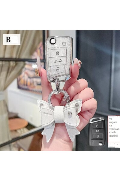 QGC Silver car key case, with shiny bow, for 3-button key, 0198