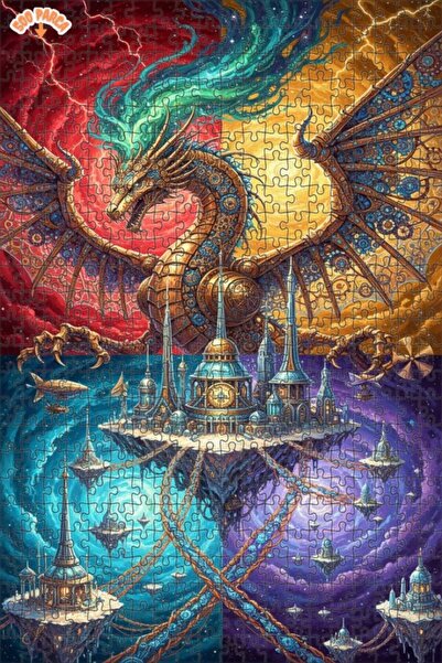 Esranın Dünyası Golden Dragon Steampunk Cities Double-Layer Framed Wooden Puz...