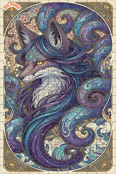 Esranın Dünyası Mystical Fox Art Watercolor Look Double-Layer Framed Wooden P...