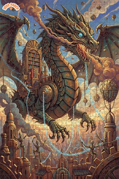 Esranın Dünyası Steampunk Bookshelf Dragon Oil Painting Lookalike Double-Laye...