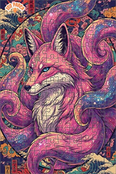 Esranın Dünyası Kitsune Galaxy Patterned Oil Painting Look Wooden Puzzle with...
