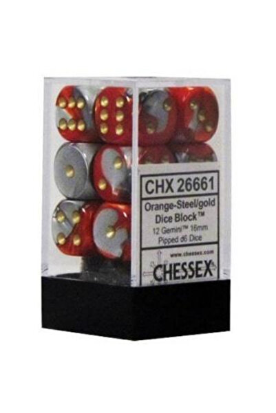 Chessex Zaruri Gemini 16mm d6 cu puncte (12 zaruri) - Portocaliu-Oțel cu Aur