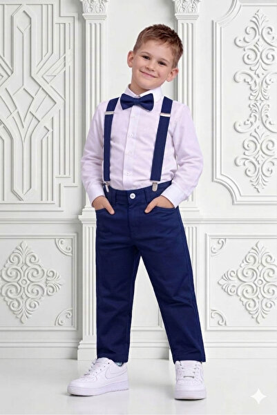 TARZMANYA KİDS LACİVERT ERKEK ÇOCUK ŞIK PANTOLON GÖMLEK PAPYON VE ASKILI ALT ...