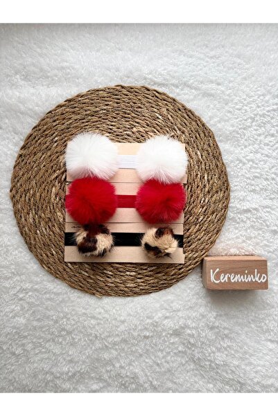 Kereminko Bebek Baby Girl and Child Red Pompom Hair Band Set of 3