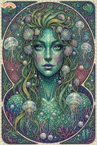 Esranın Dünyası Mermaid Artwork Watercolor Look Double Layer Framed Wooden Pu...