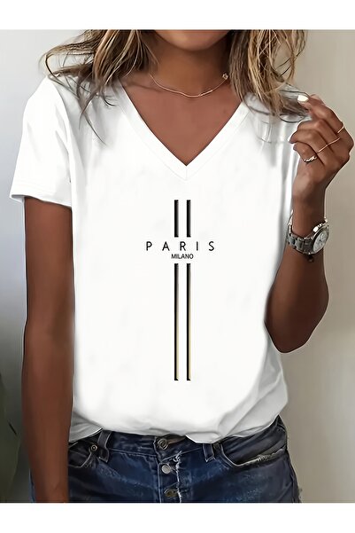 mercoledi تي شيرت نسائي باريس مطبوع بأكمام على شكل حرف V وقصة عادية