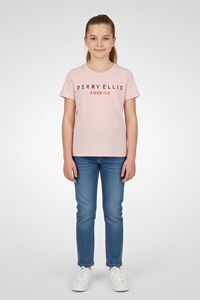 Perry Ellis بلوزة قصيرة الأكمام بشعار ماركة ملابس الأطفال للبنات، لون وردي