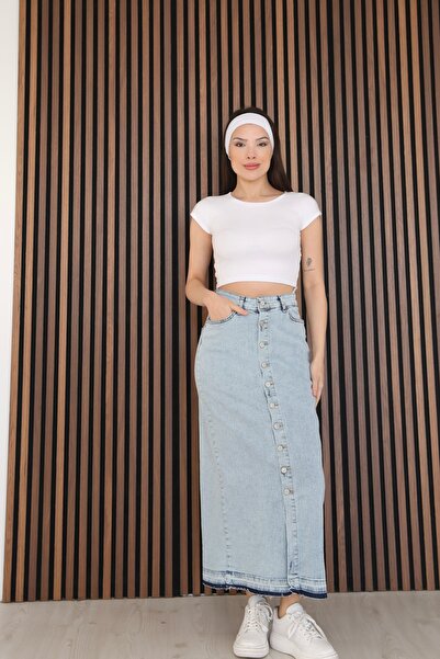 BLUE NATIONAL JEANS Women's High Waist Button-Front Light Blue Maxi Denim Ski...