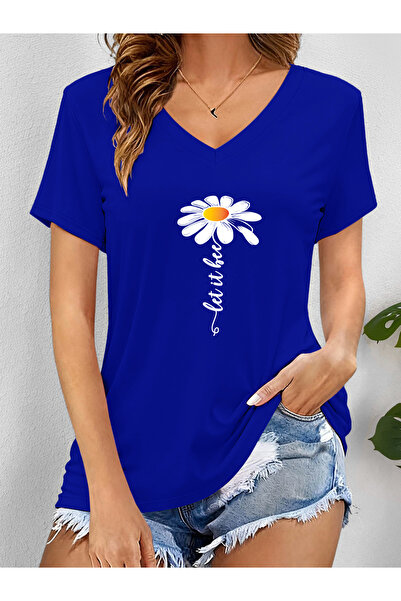 mercoledi Γυναικείο μπλουζάκι Daisy με τύπωμα με λαιμόκοψη V και μανίκια σε κ...