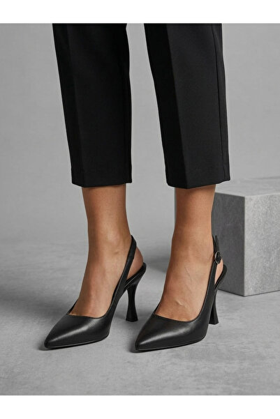 sevoli Kadın Topuklu Ayakkabı Siyah Süet Slingback Sivri Burun Orta Topuklu Ş...