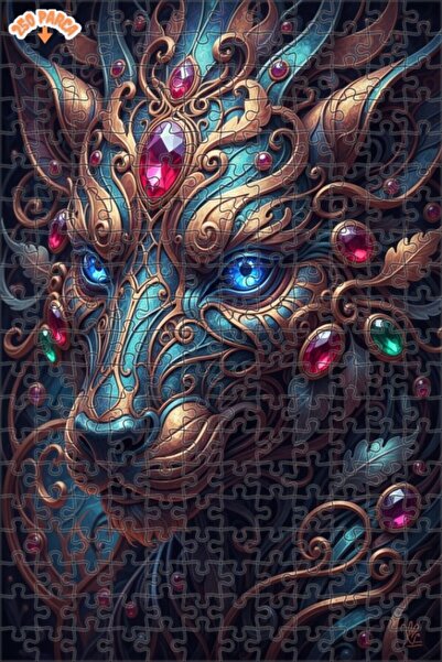 Esranın Dünyası Majestic Jeweled Lion Illustration C Double-Layer Framed Wood...