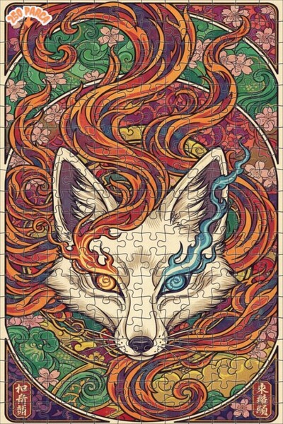 Esranın Dünyası Fire and Water Spirit Fox Art Double-Layer Framed Wooden Puzz...
