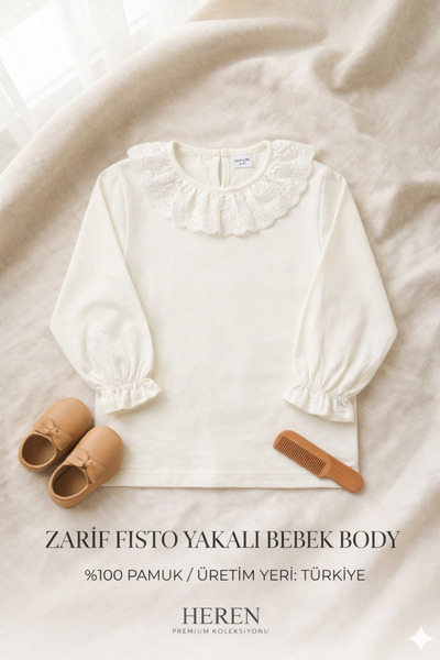 HEREN Vintage Stil Fisto Detaylı Kız Çocuk Beyaz Body - Şık Bebek Üst Giyim